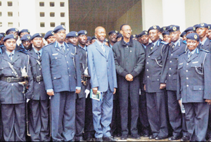 President Kagame, Internal Security Minister Sheikh Moussa Fazil Harerimana (3rd left) and several senior police officials at the National Police Academy in Musanze, yesterday. (PPU Photo)