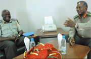 Gen. Gatsinzi makes a point to his guest, Gen. Agway, at the formeru2019s office at Kimihurura yesterday. (Photo/ J. Mbanda)