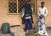 Mutuyeyezu (L) and Mukamana, and their siezed drugs at the police station. (Photo/F. Mutesi)