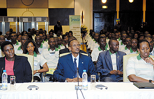 President Paul Kagame and First Lady Jeannette at the youth forum. Left is the Education Minister Dr Daphrosa Gahakwa. (PPU photo)