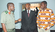 L-R: Vice President of the Military High Court Brigadier General John Bagabo (L), Internal Security Minister Musa Fazil Harelimana and TIG Executive Secretary Evariste Bizimana during the workshop on Monday. (Photo/J Mbanda)