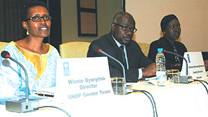 Winnie Byanyima,UNDP Director,(L), with Anthony Kwaku Ohemeng u2013Moamah UNDP Country Director (C), and Dian L. Opar,  UNDP Gender Advisor to the Director Regional Bureau for Africa (R)at the UNDP 2008 Gender Equality Retreat at Serena Hotel yesterday.(P.Bar