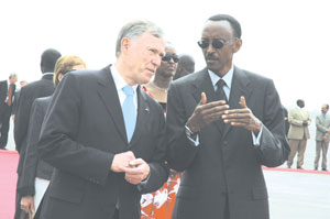 President Kagame and Koehler during the latter's visit to Rwanda earlier this year. Kagame is currently on a four-day official visit to the Federal Republic of Germany. (File photo)