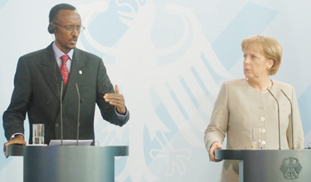 President Kagame and Chancellor Angela Merkel at a joint press conference after their meeting at the Federal Chancellery (PPU Photo)