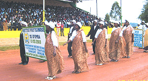 Staff of Byumba Polytechnique Institute during a march past at the national Labour Day cebrations at Gicumbi stadium, Gicumbi District in the Northern Province yesterday. (Photo/ A.Gahene).