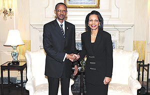 President Paul Kagame and US Secretary of State Condoleeza Rice in Washington DC last week. The President had been invited to give a keynote address during the Summit on Higher Education.