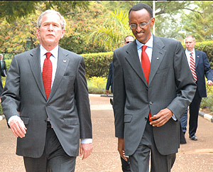US President George Bush with President Paul Kagame. Both are among world leaders invited to the 60th Anniversary of Israelu2019s independence. ( File photo).