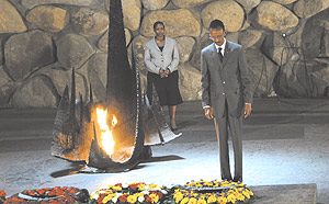 President Paul Kagame lays a wreath at the Yad Vashem Holocaust Memorial in Jerusalem. The President had gone to attend the 60th anniversary of the founding of Israel.
