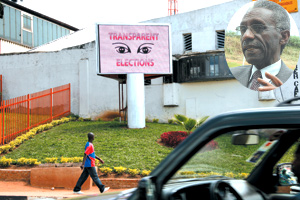 An electronic billboard in Kigali City centre, on which NEC is running clips aimed at raising public awareness on the upcoming parliamentary elections. Inset is the commission chief, Chrysologue Karangwa. (Photo/ E. Mucunguzi)
