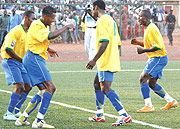 WINNERS: Amavubi players celebrating their third goal against Mauritania on Saturday. Rwanda won the game 3-0. (Photo /E. Mucunguzi).