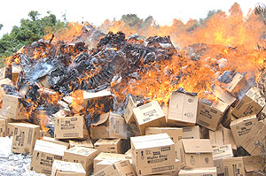 Some impounded sub-standard goods which were set ablaze by the Rwanda Bureau of Standards. (File photo).