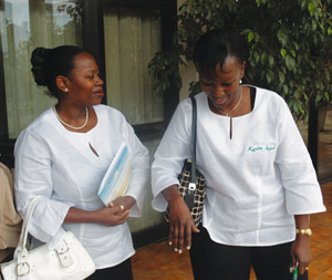 Commerce Minister Monique Nsanzabaganwa (L) and ORTPN Director General Rosette Chantal Rugamba after yesterdayu2019s talk show on the upcoming u2018Kwita Izinau2019 ceremony. (Photo/ J. Mbanda)