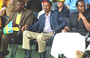 President Paul Kagame (C) flanked by the First Lady Jeannette Kagame (R)  and Sports and Culture Minister Joseph Habineza was in attendance to see Rwanda wallop Morrocco 3-1 on Saturday. (Photo / G. Barya).