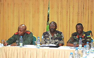  L-R: DR Congou2019s Gen. Dieudonnu00e9e Kayembe , Lt. Gen. Babacar Gaye of Monuc and Gen. Kabarebe at the meeting yesterday. (Courtesy photo)