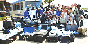 A group of medical personnel pose outside Kibagabaga Hospital with part of the Frw33m equipment they donated.