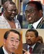 From Top Left: Morgan who was  beaten and branded puppet of the West finally bows out of race, Mugabe, 84, is determined to declare himself Zimbabwean president for another five years,  UN Ki-Moon and AU Jean Ping: will the two solve zimbabweans crisis?