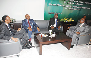 President Kagame with Presidents Abdoulaye Wade of Senegal, Ernest Koroma of  Sierra Leone and Ugandau2019s Yoweri Museveni. (Courtesy photo).
