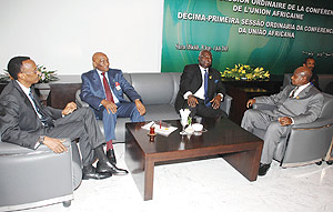 President Kagame with Presidents Abdoulaye Wade of Senegal, Ernest Koroma of  Sierra Leone and Ugandau2019s Yoweri Museveni. (Courtesy photo).
