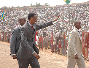 President Kagame waving to the multitude of people who attended Liberation Day celebrations at Muhanga Stadium yesterday.
