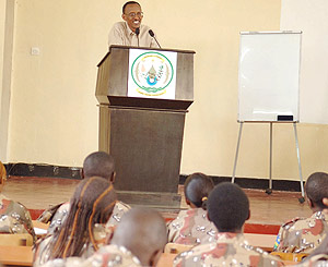 President Kagame speaks with students participating in Ingando for Rwandan youth studying abroad. (PPU Photo)