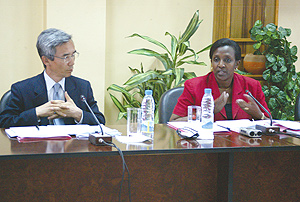 Minister of Foreign Affairs and Cooperation, Rosemary Museminari, with Japanese Ambassador Shigeo Iwatani at the opening of the 4th Annual policy dialogue between the governments of Japan and Rwanda. (Photo / J. Mbanda).