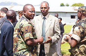 Brig. Gen Mushyo Kamanzi together with the head of the Rwanda Demobilisation Commission, Jean Sayinzoga at Mutobo.