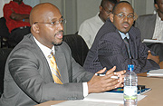 RITA Executive Director  Nkubito Bakuramutsa(L) with the Director of Administration and Finance Grace Mutsinzi at a press conference yesterday. (Photo G. Barya).
