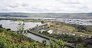 An aerial view of the semi-functional Inga dam on the Congo River.