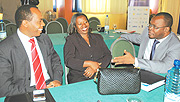 L-R: RIEPA Director General Francis Gatare, Commerce Minister Monique Nsanzabaganwa and the UN Resident Coordinator Aurelien Agbenonci chat at Hotel Novotel. (Photo/J. Mbanda).