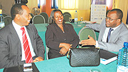 L-R: RIEPA Director General Francis Gatare, Commerce Minister Monique Nsanzabaganwa and the UN Resident Coordinator Aurelien Agbenonci chat at Hotel Novotel. (Photo/J. Mbanda).