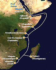  East African coast where the EASSy cable is to be connected (Net map)