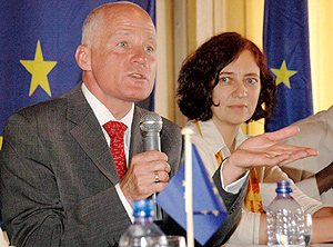 The Chief Electoral Observer of the European Commission Michael Cashman (L) and his deputy, Claudia Vollmer(R) talking to Journalist at a press conference at Hotel Novotel yesterday.(Photo / G. Barya)