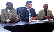 Ferwafa boss Brig. Gen. John Bosco Kazura, Fifau2019s Jean Michel Benezet and Ferwafa vice president Vedaste Kayiranga briefing journalists yesterday. (Photo /B. Mugabe)