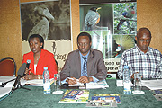L-R: ORTPN Director General Rosette Chantal Rugamba, National Institute of Statistics Director General Louis Munyakazi and the Director of Tourism Emmanuel Werabe address the press at Hotel des Mille Collines.(Photo/ J Mbanda )