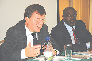Nicholas Cannon the British Ambassador and Richard Kabonero Ugandan Ambassador to Rwanda at Hotel Novotel (Photo G.Barya)