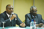 Acting NEC Executive Secretary, Charles Munyaneza (L) and NEC Chairman, Prof. Chrysologue Karangwa talk to the media at Hotel Novotel (Photo/ G.Barya)