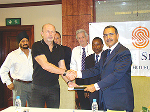 Back row from left: S. Singh, Group Chief Engineer; A. Addison, Operations Director East Africa; J. Cavanaugh, Symbion Intl & M. Maringa, Country Manager Serena Hotels.  Front row from left: D. Lakic, MD Roko Constr.& M. Jan Mohamed, MD Serena Hotels.