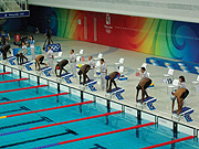 OUT: Jackson Niyomugabo (lane 3) waiting for the set-off sign to start action in the 50m freestyle event yesterday. (Photo / B. Mugabe)