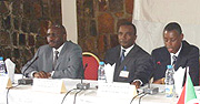L-R: Simon Mulongo, Director EASBRICOM, Lt. Col. IJihad Yussuf, RDF CGS Gen. James Kabarebe at La Palise Hotel, Kigali. (File photo).
