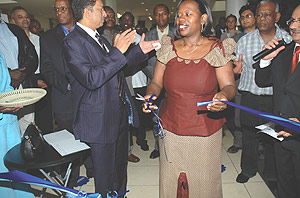 (L-R)Nakumatt Holdings Operations Director Thiagarajan Ramamurthy, minister of commerce, Monique Nsanzabaganwa and managing director Atul Shah during the official opening of Nakumatt supermarket in Kigali. (Photo /G. Barya).