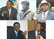 RPF Chairman Paul Kagame (L), Fred Gisa Rwigema was the first leader of RPF (C), Alexis Kanyarengwe led the RPF through the liberation struggle (R), PSD Boss: Vincent Biruta and PL Boss Protais Mitali. (File photos).