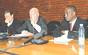 L-R : Allan Doss, Roland Van de Geer and Amb. Richard Sezibera. (Photo/ G.Barya).