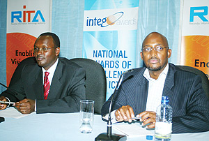 RITA Board of Directors Chairman, Emmanuel Hategeka (L) and RITA Executive Director, Nkubito Bakuramutsa at the launch of the Rwanda ICT Awards. (Photo G.Barya).