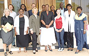 First Lady Jeannette Kagame poses for a photo with actress Scarlett Johansson (on her right) and representatives from RED on Saturday. (PPU/Photo).