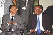 President Paul Kagame chats with EALA Speaker, Abdirahin Haithar Abdi during the Nanyuki conference yesterday. (Photo/ G.Barya)
