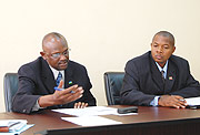  Director of Prisons, ACP Balinda Steven (L) and head of Burundi delegation Gabriel Nizigama at Ministry of Internal Affairs conference room.