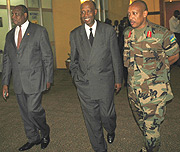 L-R :  Francis Sang, Amb.Joseph Mutaboba and Maj. Gen. Patrick Nyamvumba after discussions on small arms control yesterday at Hotel Novotel. (Photo/ J. Mbanda).