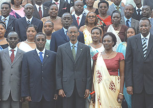 A cross-section of Parliamentarians  pose for a photograph with President Paul Kagame after swearing in at parliamentary building  yesterday. (Photo/ G. Barya).
