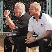 I LIKE THAT:  Rene Feller, flanked by his assistant Eryke Paske reacts after his team made a good move in their 4-0 win over Atraco in last seasonu2019s Peace Cup final.