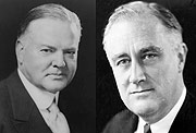 L-R:Hoover was a victim of The Great Depression, Franklin Roosevelt was helped by economic crisis to kick out Hoover.
